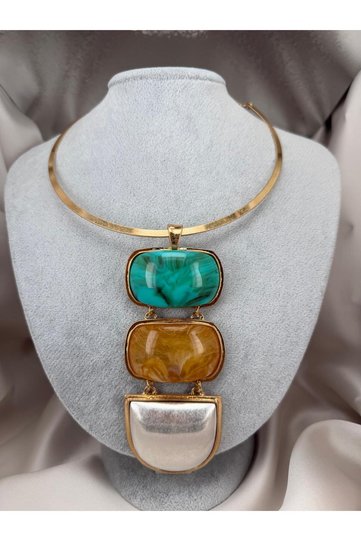 Women's Gold Plated Natural Stone Look Geometric Choker Necklace Modern Stylish Collar Necklace