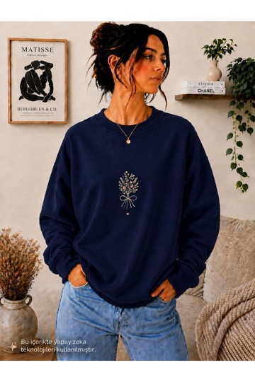 Women's Minimalist Floral Bouquet Printed Round Crew Neck Casual Cotton Basic Sweathirt