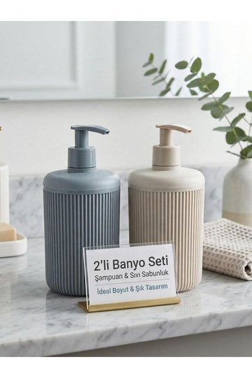 2-Piece Bathroom Set Striped Liquid Soap Dispenser and Shampoo Dispenser Set - Modern Push-Up Countertop Soap Dispenser