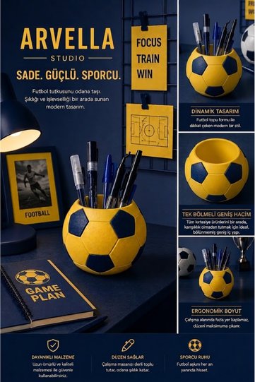 Yellow-Navy Blue Fan Themed Desktop Pen Holder |   Soccer Ball Design Pen Holder and Desktop Organizer |   Decorative Pencil Case
