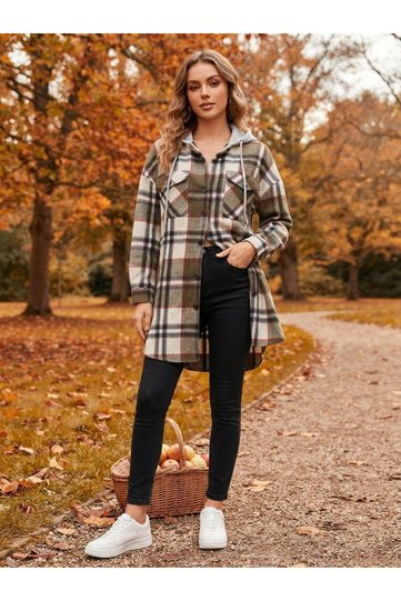 • Green and White Plaid Long Shirt with Pockets