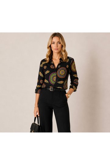 Women's Black Viscose Patterned Long Sleeve Buttoned Colored Shirt