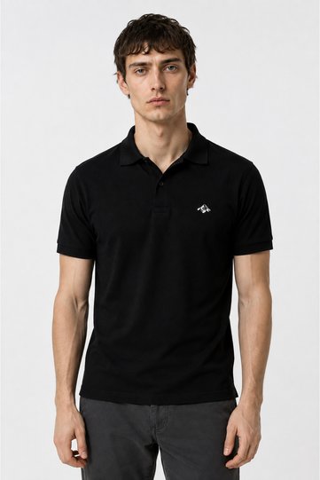 Men's Black Polo Collar T-Shirt 100% Cotton Pique Fabric Regular Fit Short Sleeve Mountain Embroidery