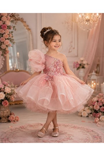 Powder One-Shoulder Lettuce Skirt Girl's Special Occasion Birthday Henna Dress