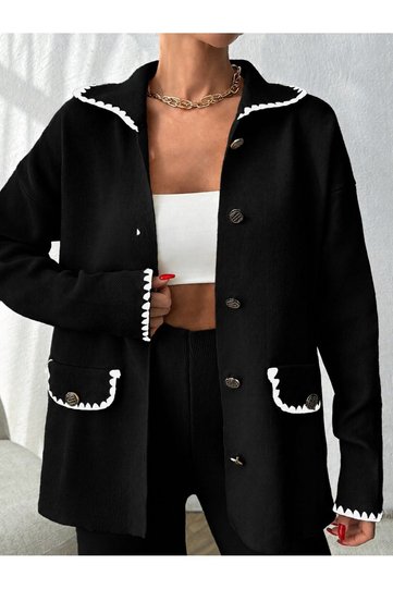 Women's Buttoned Jacket-Pants Shepherd Stitched Knitwear Set Black