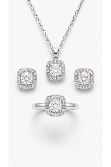 Crystal Stone Square Pendant Earrings and Adjustable Ring 3-Piece Jewelry Set Silver Color