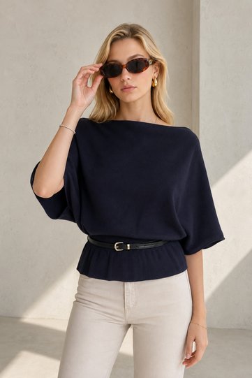 Women's Navy Blue Belted Bat Sleeve Knitwear Blouse