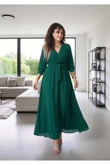 Long Straight Lined Chiffon Dress Emerald