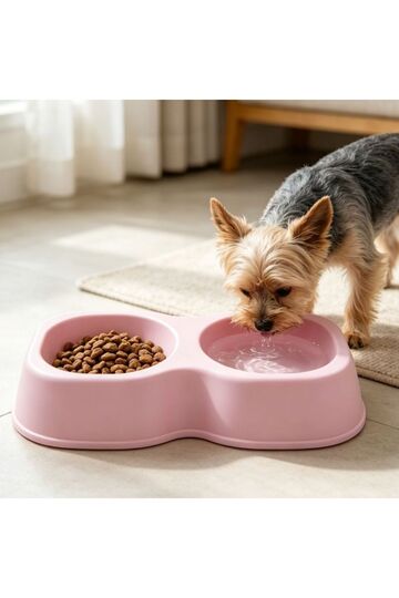 Double plastic bone-shaped bowl 30*6cm for dogs and cats, stable base, practical pet feeding accessory, color delivered randomly