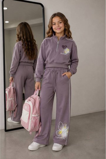 Girl's Butterfly Patterned Zippered Two-Thread Two-Piece Set