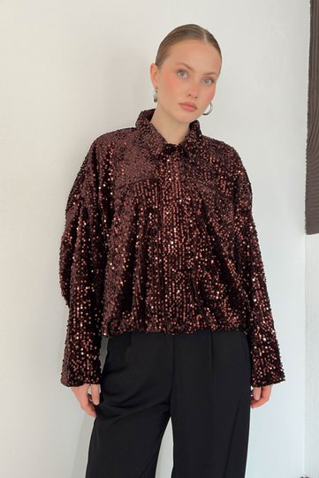 Sequined Oversized Women's Jacket – Zippered Sparkling Stylish Top |   F2026 - Brown