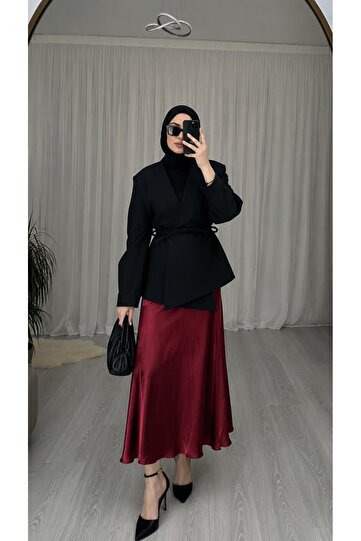 Kraşlı Satin Skirt - Burgundy |   F1915 - Burgundy