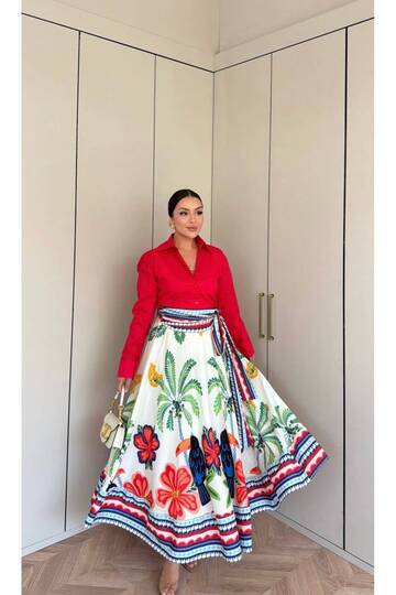 Women's Red Shirt Patterned Tie-Up Skirt Top and Bottom Set