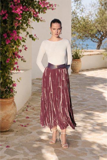 Modern Striped Belted Long Skirt in Plum – Belt Detail