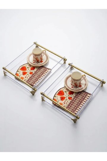 طقم من 2 صينية وفنجان قهوة تركية وفوط ورقية |   مجموعة عرض زخرفية بتفاصيل ذهبية