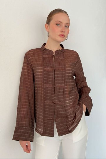 Women's Embossed Patterned Chinese Buttoned Shirt