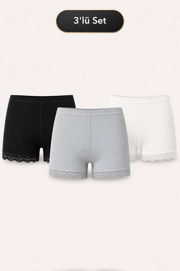 Women's 3-Pack Lace Trim Long Ribbed Boxer Shorts - Cotton Stretch Rib Underwear Set (Black, Grey, White) 2XL