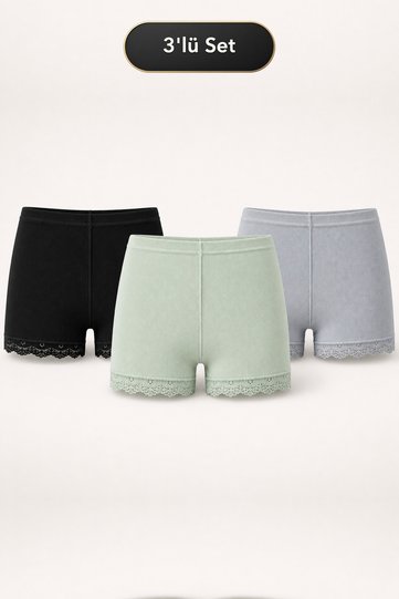 Women's 3-Piece Lace Long Ribbed Boxer Shorts - Cotton Stretch Ribbed Underwear Set (Black, Green, Gray) L