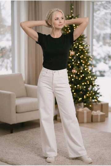 White Color Palazzo Jeans, High-Quality Lycra Fabric, Sturdy Stitching, Flexible High-Waist Women's Denim Pants