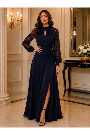 Elegant Invitation Elegance |   New Season Women's Lace Sleeve Turtleneck Slit Belted Long Crepe Dress