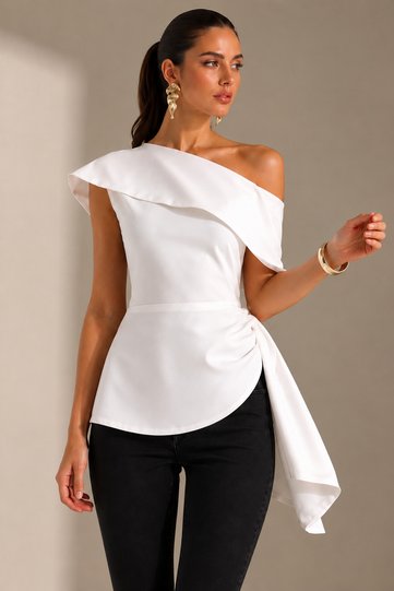Women's White One-Shoulder Stylish Blouse with Asymmetrical Belt and Flounce Detail