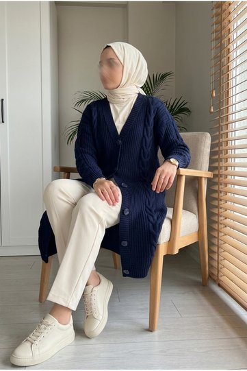 Women's Twisted Knit Detailed Buttoned Long Knitwear Cardigan Hijab