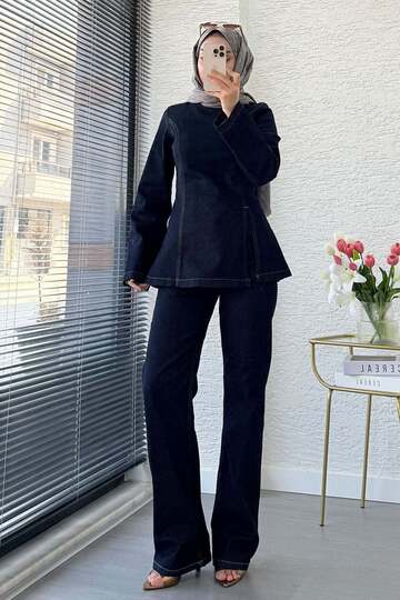 Premium Side Slit Detailed Denim Trousers Set - Dark Blue