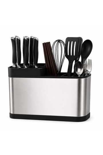 Kitchen Utensil Holder | 3 Compartment Stainless Steel Finish Cutlery Organizer | Knife Spoon Fork Chopstick Storage Rack With Drain Spout For Countertop