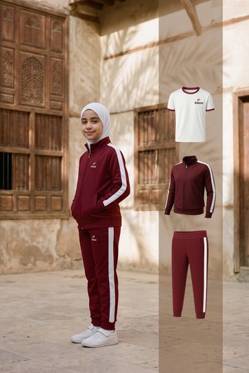 Girls’ Middle School 3-Piece Sports Uniform – Maroon | White T-Shirt + Zip Jacket + Athletic Pants