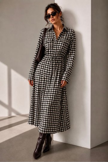 Women's Plaid Patterned Belted Long Shirt Dress Lnc34