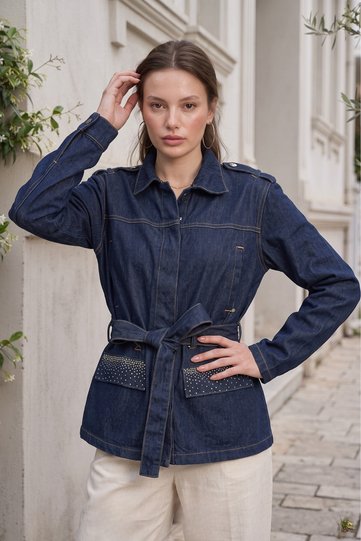 Stone Detailed Printed Denim Jacket