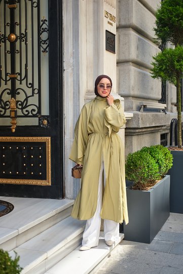Women's Piping Lace-Up Shawl Detail Long Tunic in Fat Green
