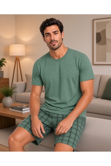 Men's Shorts Green Plaid Cotton Pajama Set