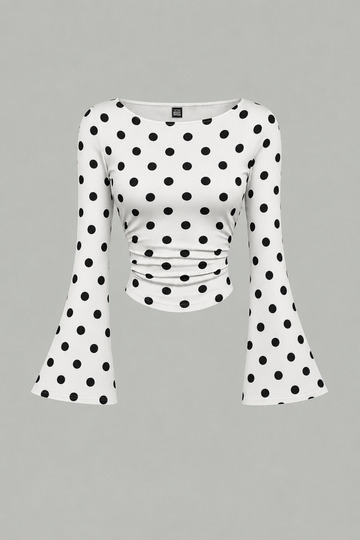 White Black Polka Dot Boat Neck Spanish Sleeve Gathered Long Sleeve Blouse