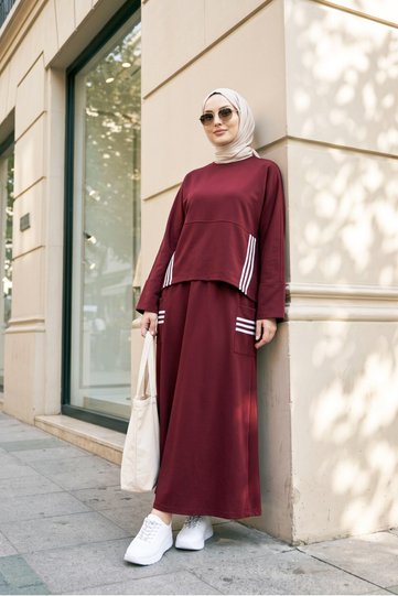 Combed Cotton Suit with Elastic Waistband and Ribbon Detail - Claret Red