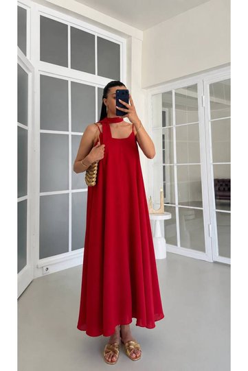 Women's Red Scarf Long Chiffon Dress