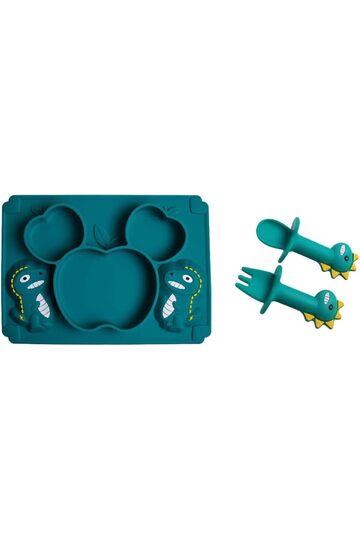 Silicone Baby Suction Plate and Stainless Steel Feeding Set,Dark Green