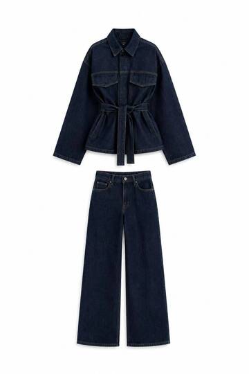 Women's Tie-Detail Oversized Jacket and Pants Denim Set