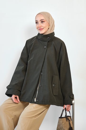 Women's Back Button Detail Hidden Zipper Stand Collar Trench Coat Emerald Green