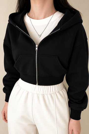 Black Hooded Cropped Zip-Front Sweatshirt Cardigan