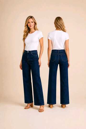 Casual Pants, High-Flex Waist Lycra Wide-Leg Denim Jeans - Navy Blue