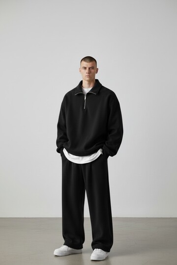 Men's Black Half-Zip Hooded Tracksuit Set