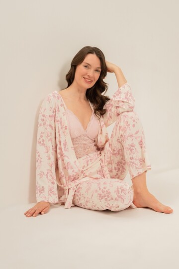Women's pink 3-piece pajama set, boxed pajamas, bralette, robe, pants, 50% cotton 50% modal fabric.