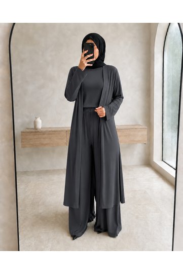 Ala Women's Islamic Clothing Triple Viscose Set – Long Slit Cardigan, Tunic, and Palazzo Pants