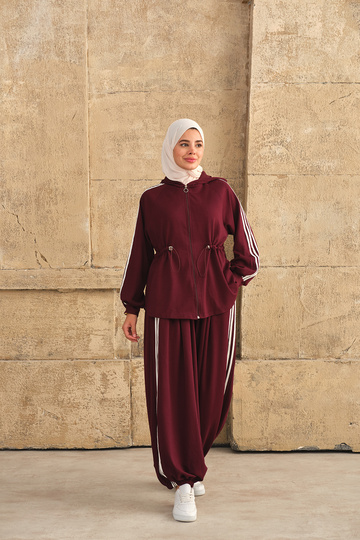 Women's Stripe Detailed Hooded Set Burgundy