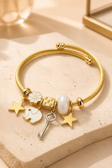 Stainless Steel Charm Bracelet with Lucky Elephant and Star Motifs - Twisted Model Women's Jewelry
