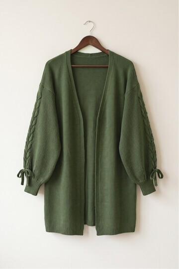 Knitted Cardigan with Ribbon on the Sleeves - Khaki