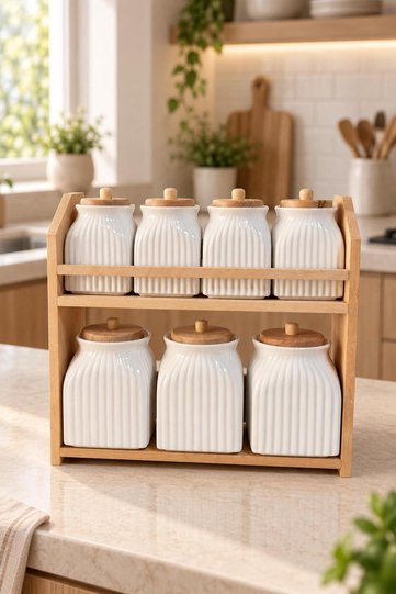 7-Piece Ceramic Spice Jar Set with Wooden Stand, 8 Pieces, White Square Jars, Storage Container