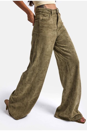 Women's Khaki Palazzo Fit T15T Special Patterned Fabric Design Denim Jeans
