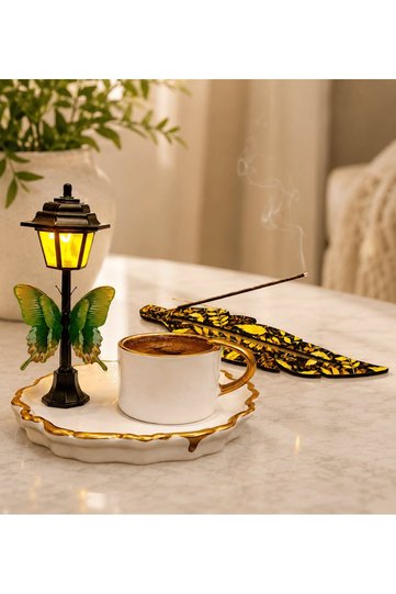Premium Turkish Coffee Cup and Wooden Incense Burner Gift Set with Led Street Lamp